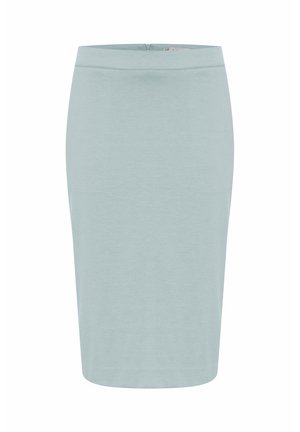 Hellblauer Bleistiftrock aus weichem Stoff; zeichnet sich durch eine schlanke Silhouette, glatte Textur und einen Reißverschluss hinten aus.