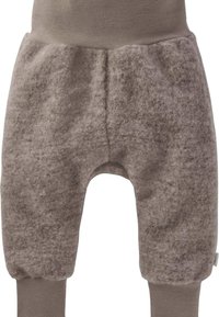 Weiche, dicke, grau-braune Wollbabyhosen mit hohem Bund und gerippten Bündchen, entworfen für Wärme und Komfort.