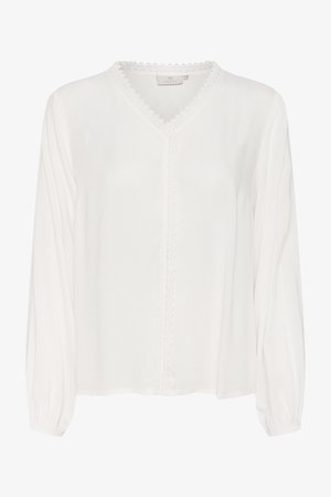 Bluza albă cu mâneci lungi, decolteu în V și dantelă pe decolteu și placket-ul frontal. Material neted cu o croială lejeră.