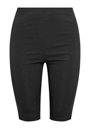 Schwarze, hochtaillierte, knielange, eng anliegende Shorts aus glattem Stoff ohne sichtbare Muster oder Verzierungen.