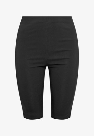 Shorts noirs ajustés, taille haute, longueur au genou, en tissu lisse sans motifs ni ornements visibles.