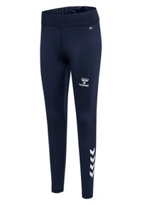 Leggings blu navy realizzati in materiale elasticizzato con una vita alta. Presentano un logo bianco e un motivo a chevron nella parte inferiore della gamba.