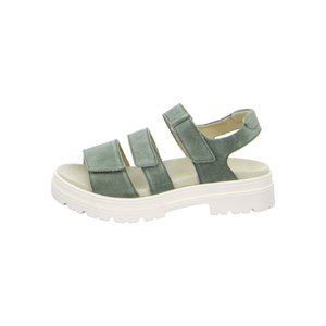 Grøn ruskindssandal med tre justerbare stropper og hvid kraftig sål, designet til komfort og afslappet brug.