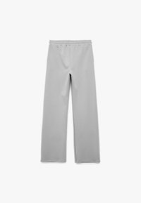 Szare spodnie dresowe z wysokim stanem wykonane z miękkiej tkaniny, o prostym kroju nogawek i elastycznym pasie dla wygody. Bez widocznych wzorów.