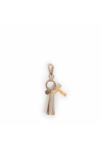 Portachiavi in tono oro con una frangia testurizzata e un charm a forma di croce glitterato, fissato con un anello e un moschettone per il suo attacco.
