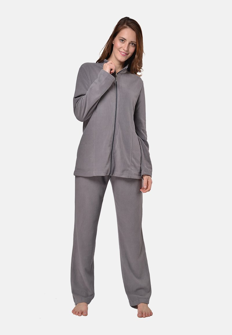 Grau-fleece Loungewear-Set mit einer Reißverschlussjacke mit langen Ärmeln und passenden Hosen, weicher Textur und lässiger Passform.