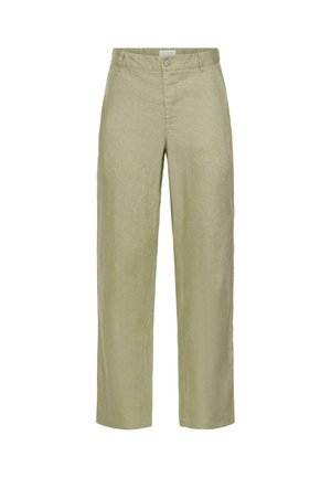 Hellolivgrüne, gerade geschnittene Hose mit Knopf- und Reißverschluss, Gürtelschlaufen und seitlichen Taschen.