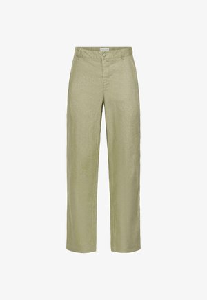 Φαρδιά παντελόνια σε ανοιχτό ελαιόχρωμο με κούμπωμα κουμπιού και φερμουάρ, θηλιές για ζώνη και πλαϊνές τσέπες.
