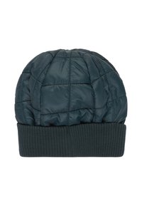 Padded čiapka v tmavom teal s prešívanou hornou časťou a rebrovaným úpletom na leme. Hladká textúra s zaobleným tvarom pre pohodlie.