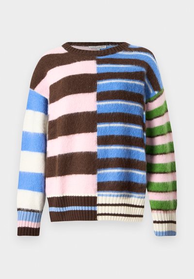 Pulover tricotat multicolor, cu dungi în nuanțe de maro, roz, albastru deschis, verde și crem. Dispune de mansete și tiv cu tivuri. Textură moale.