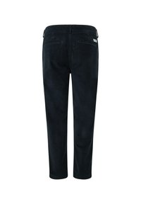 Black corduroy trousers with a straight-leg cut, featuring back pockets and a smooth texture. Minimalist design, no visible hardware or accents.