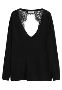 Langærmet sort top lavet af blødt stof, med en dyb V-halsudskæring og detaljer i blonder på ryggen. Enkelt design, afslappet pasform.