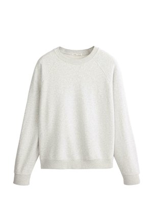 Hellgraues Sweatshirt mit Rundhalsausschnitt, langen Ärmeln, gerippten Bündchen und Saum, aus weichem Baumwollstoff gefertigt.