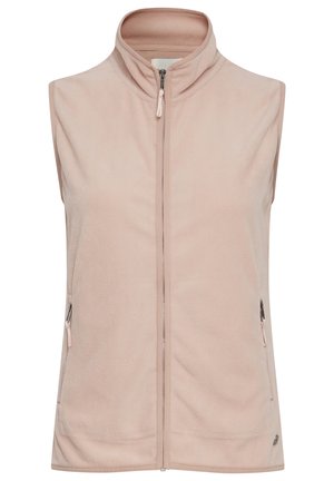 Pink fleece vest med høj krave, lynlås foran og sidelommer. Blød tekstur med en glat overflade og minimal hardware.