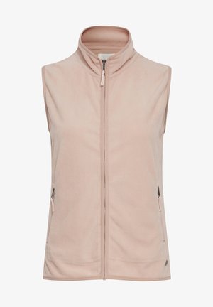 Rosa fleeceväst med hög krage, framside dragkedjestängning och sidofickor. Mjuk textur med en slät finish och minimal hårdvara.