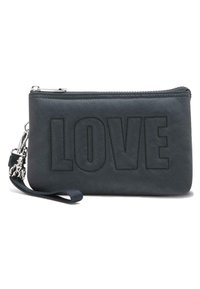 Dark gray leather wallet with embossed "LOVE" design, featuring a zip closure and attached wrist strap. Smooth texture and minimalist style.
