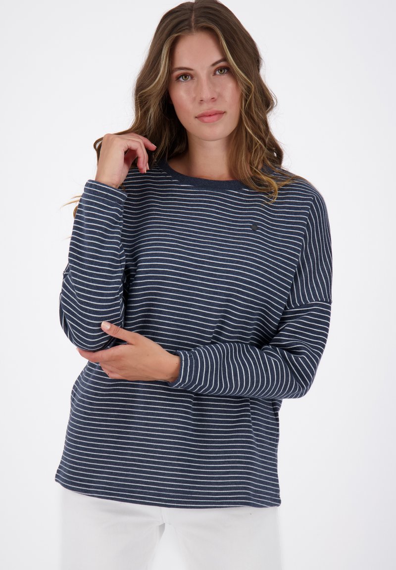 Maglietta a maniche lunghe blu navy con righe orizzontali bianche, scollatura rotonda e vestibilità comoda. Piccolo logo sul petto, tessuto testurizzato.