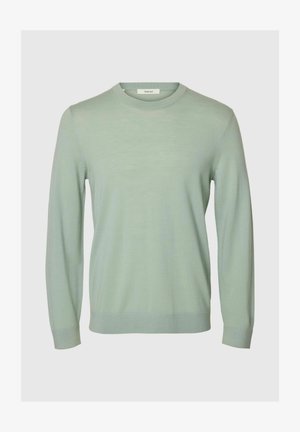 Lys grønn strikkegenser med rund hals, lange ermer og ribbestrikkede mansjetter og kant. Myk tekstur, minimalistiske detaljer og enkelt design.