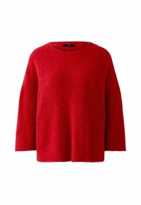 Roter Pullover mit Rundhalsausschnitt, lockerer Passform und langen Ärmeln. Hergestellt aus einem weichen, flauschigen Material mit strukturierter Oberfläche.