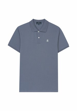 Herren-Polohemd in Schiefblau mit kurzen Ärmeln, Zwei-Knopf-Leiste und kleinem weißen gesticktem Logo auf der linken Brust.