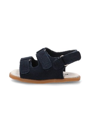 Sandalia infantil azul marino con tres tiras de velcro ajustables y una suela marrón claro.