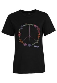 Czarna bawełniana koszulka z kolorowym graficznym symbolem pokoju w kształcie kwiatu oraz słowem "Maze" w kursywie pod wzorem.