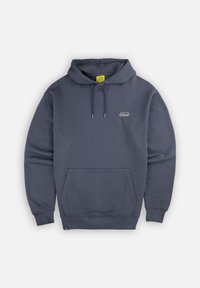 Hoodie bleu marine en tissu mélangé coton, avec une poche avant, des cordons de traction et un petit logo sur la poitrine. Design classique à enfiler.
