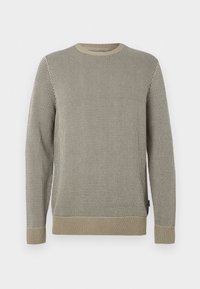 Pullover em padrão houndstooth bege e preto, com decote redondo, punhos canelados e acabamento texturizado.