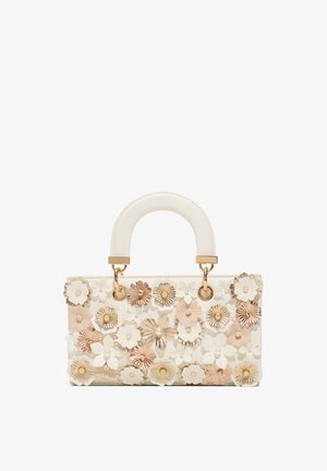 White rectangular handbag with curved handle, decorated with beige, gold, and white 3D floral appliqués and gold-tone hardware.