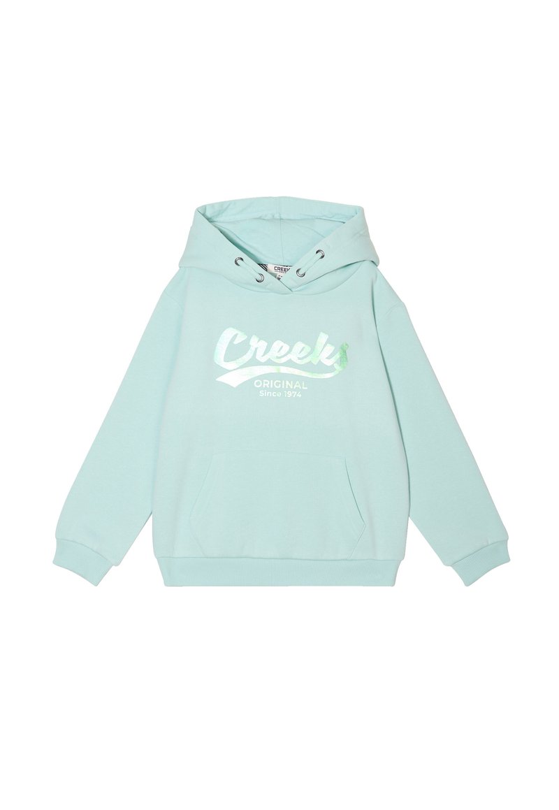 Hoodie vert menthe avec une poche avant, capuche à cordon de serrage et logo "Creek" imprimé avec des accents métalliques. Texture douce, design décontracté.