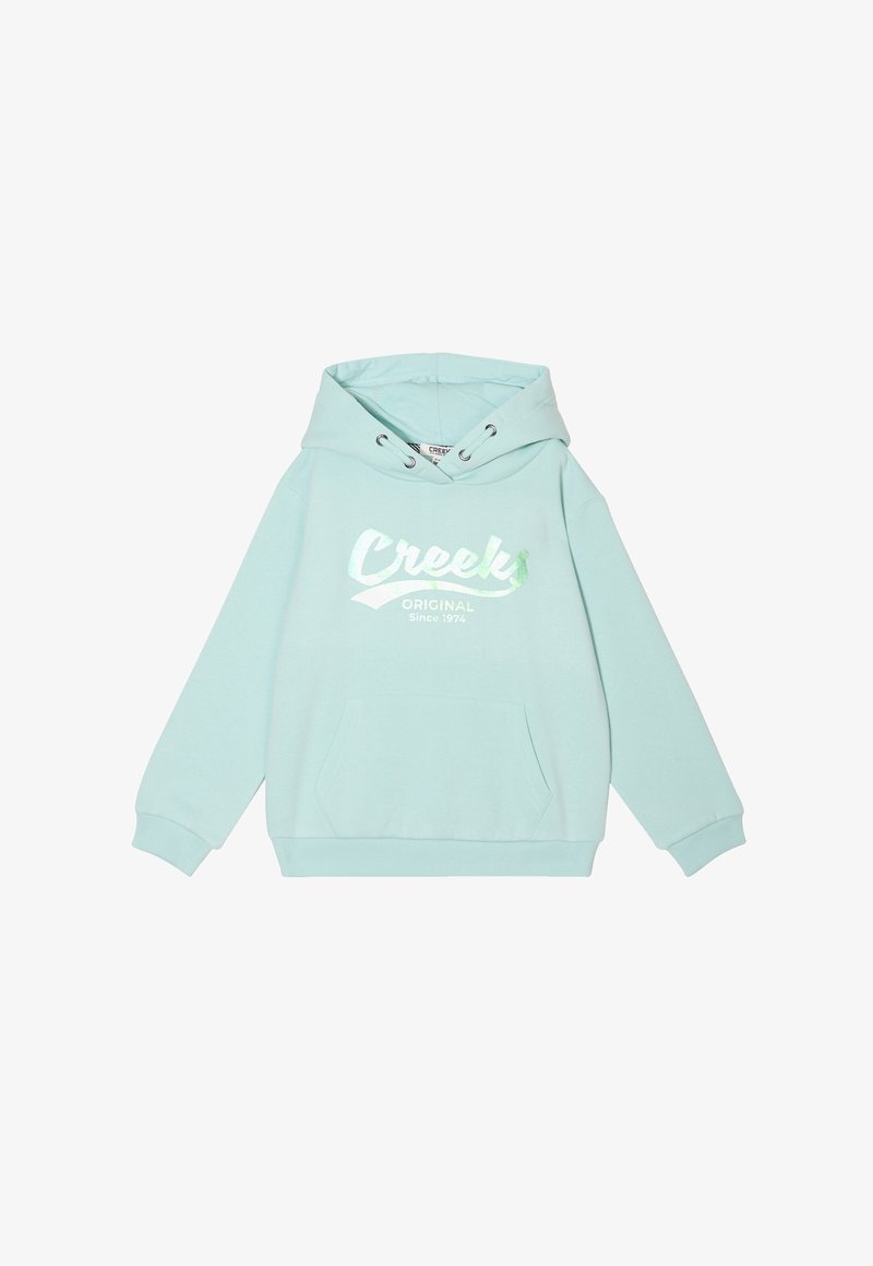 Miętowa bluza z kapturem z przednią kieszenią, sznurkiem ściągającym i nadrukowanym logo "Creek" z metalicznymi akcentami. Miękka tekstura, casualowy design.