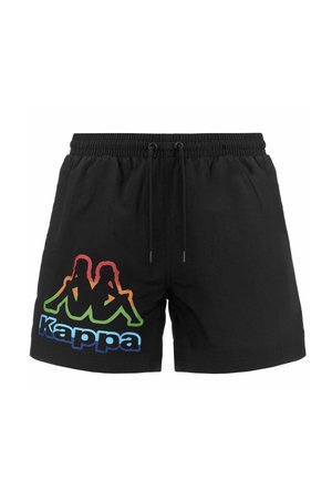 Pantaloncini da bagno neri con vita elastica, lacci neri e logo Kappa colorato con due figure sedute sulla gamba sinistra.