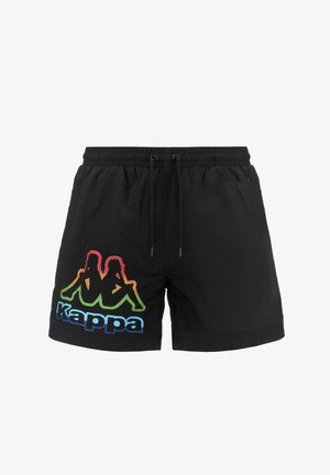 Pantaloncini da bagno neri con vita elastica, lacci neri e logo Kappa colorato con due figure sedute sulla gamba sinistra.