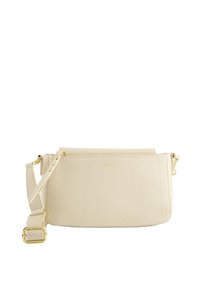 Cremefarvet læder crossbody taske med tekstureret overflade, gyldne hardware detaljer, justerbar rem og lynlås på toppen.
