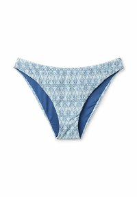 Bikiniunderdel i ett blått och vitt bladmönstrat tyg. Har en helblå panel på sidorna. Mjukt, elastiskt material och lågskuren passform.
