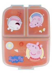 Boîte à lunch Peppa Pig avec trois compartiments, couleur orange, mettant en avant des personnages de dessin animé. Fabriquée en plastique avec un couvercle translucide et des graphismes colorés.