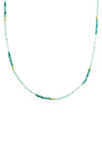 Pērļu kaklarota ar zaļām un piparmētru krāsas akmeņiem, kas rotāti ar zelta metāla akcentiem, pārmaiņus izvietoti gludā, pakāpeniskā rakstā.