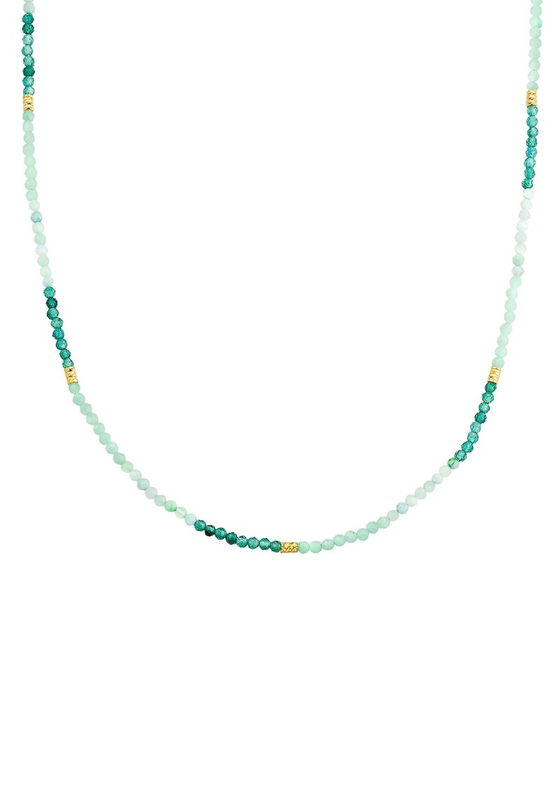 Pērļu kaklarota ar zaļām un piparmētru krāsas akmeņiem, kas rotāti ar zelta metāla akcentiem, pārmaiņus izvietoti gludā, pakāpeniskā rakstā.