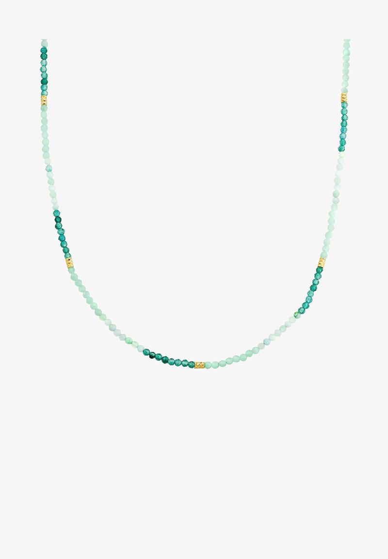 Pērļu kaklarota ar zaļām un piparmētru krāsas akmeņiem, kas rotāti ar zelta metāla akcentiem, pārmaiņus izvietoti gludā, pakāpeniskā rakstā.