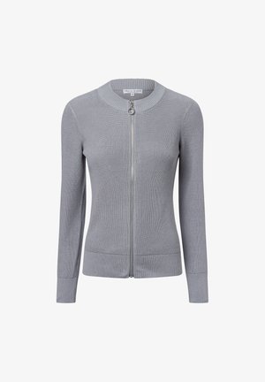 Hellgrauer, gerippter Cardigan mit rundem Ausschnitt, durchgehendem Reißverschluss und langen Ärmeln. Verfügt über eine glatte Textur und eine figurbetonte Passform.