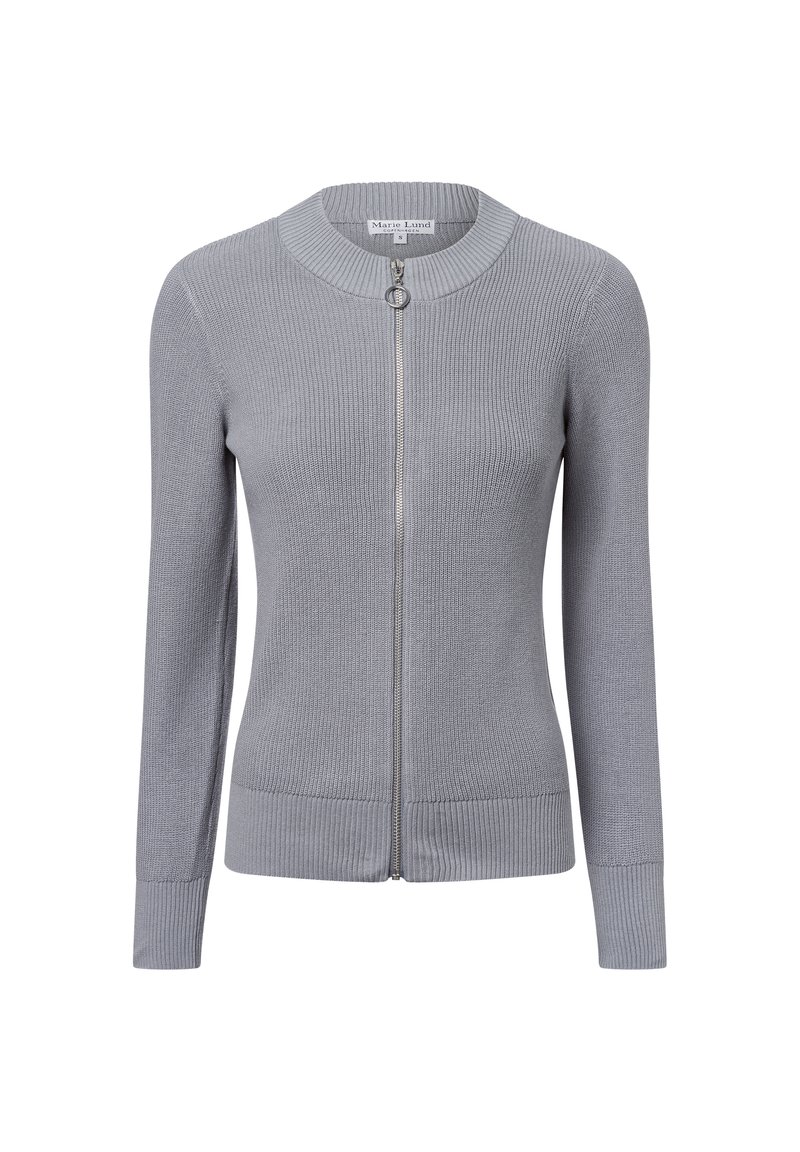 Lichtgrijze geribde cardigan met een ronde hals, volledige rits en lange mouwen. Kenmerkt zich door een soepele textuur en een getailleerd ontwerp.