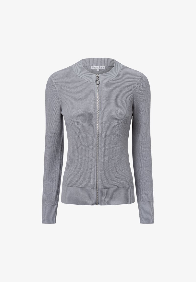 Hellgrauer, gerippter Cardigan mit rundem Ausschnitt, durchgehendem Reißverschluss und langen Ärmeln. Verfügt über eine glatte Textur und eine figurbetonte Passform.
