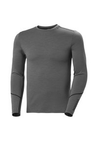 Langarm sportshirt in donkergrijs, gemaakt van textuurstof. Bevat contrasterende zwarte stiksels en een ronde halslijn met subtiele branding.
