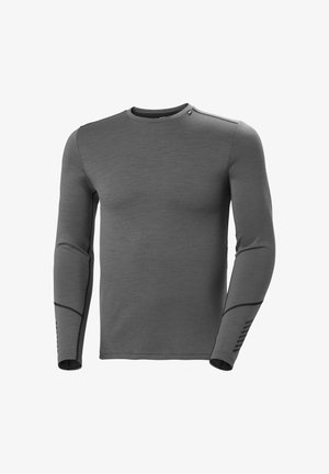 Long-sleeve athletic shirt in dark gray, made from textured fabric. Features contrasting black stitching and a crew neckline with subtle branding.