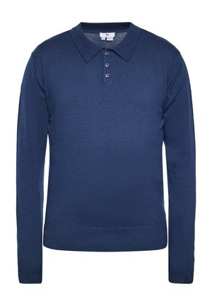 Polo blu navy a maniche lunghe con tre bottoni e orlo e polsini a coste, mostrata su sfondo bianco.
