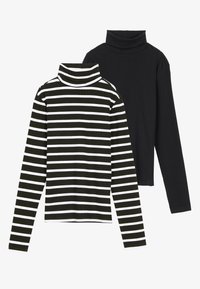 Two turtleneck tops: one black, the other featuring green and white stripes. Both have long sleeves and ribbed texture.