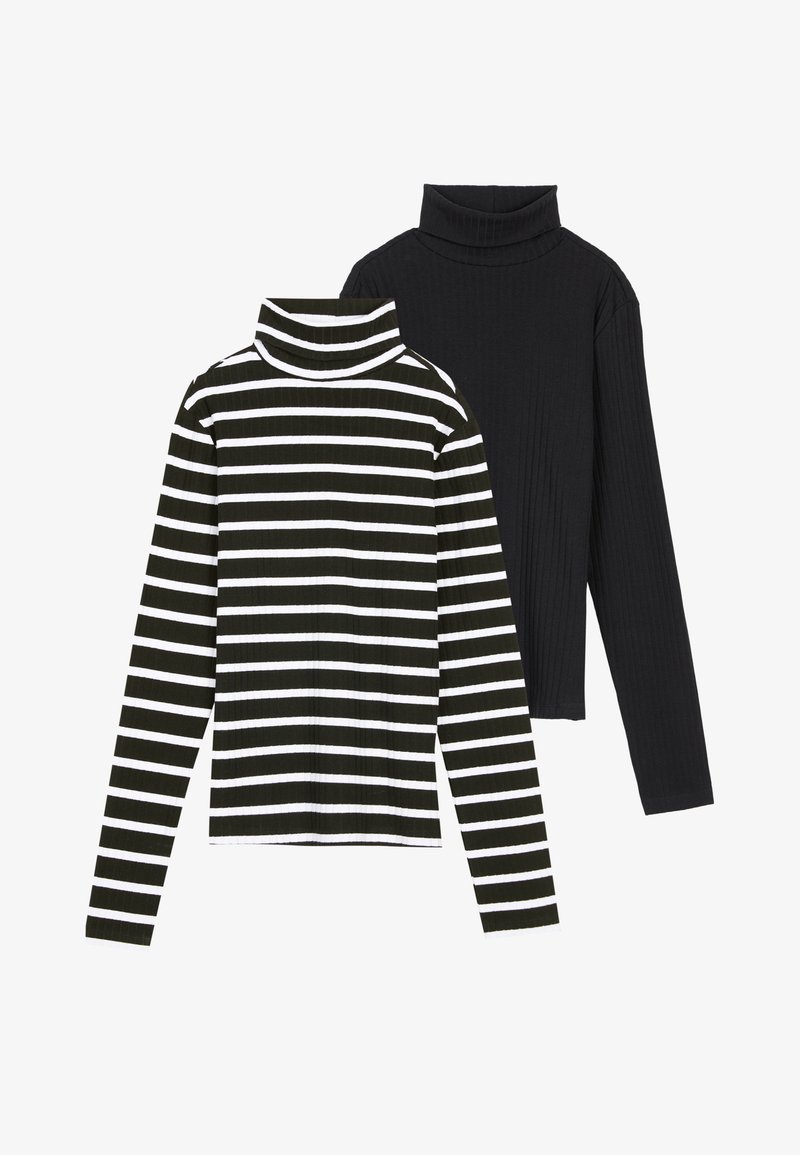 Twee coltruien: de ene is zwart en de andere heeft groene en witte strepen. Beide hebben lange mouwen en een geribbelde textuur.