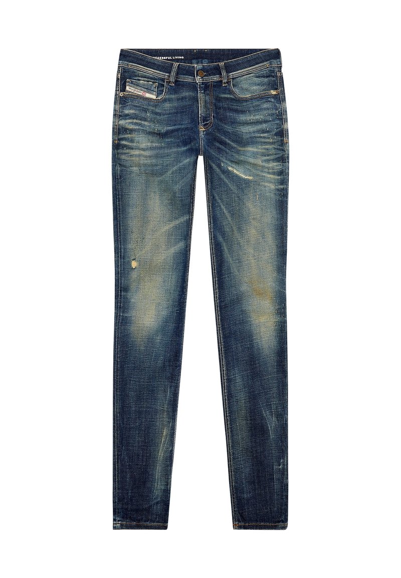 Slim-fit blauwe spijkerbroek met vervaagde en versleten delen, vijf zakken en een knoopsluiting bij de taille.