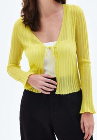 Kobieta ubrana w przezroczysty żółty prążkowany kardigan zawiązany na piersi, na białym topie, w połączeniu z czarnymi spodniami z wysokim stanem, pozująca na tle białego tła.