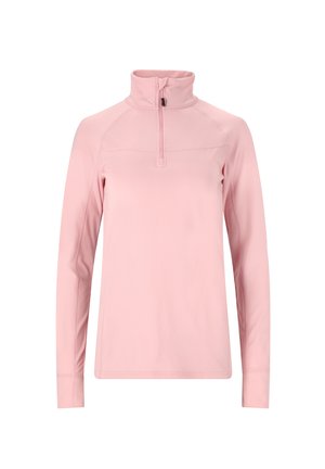Hellrosa Pullover mit hohem Kragen und Viertel-Reißverschluss-Design. Lange Ärmel, glatte Textur und keine sichtbaren Muster oder Akzente.